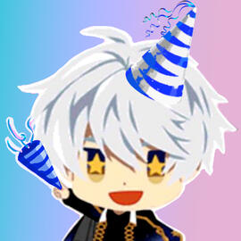 circular icon of chibi Solomon with a party hat and party cracker
